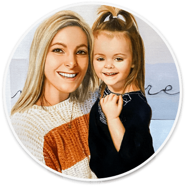 The finished hand-painted portrait of a mother and daughter
